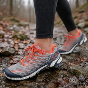 Merrell Bare Access Arc 4 Running Shoes in Sleet and Vibrant Coral size 9